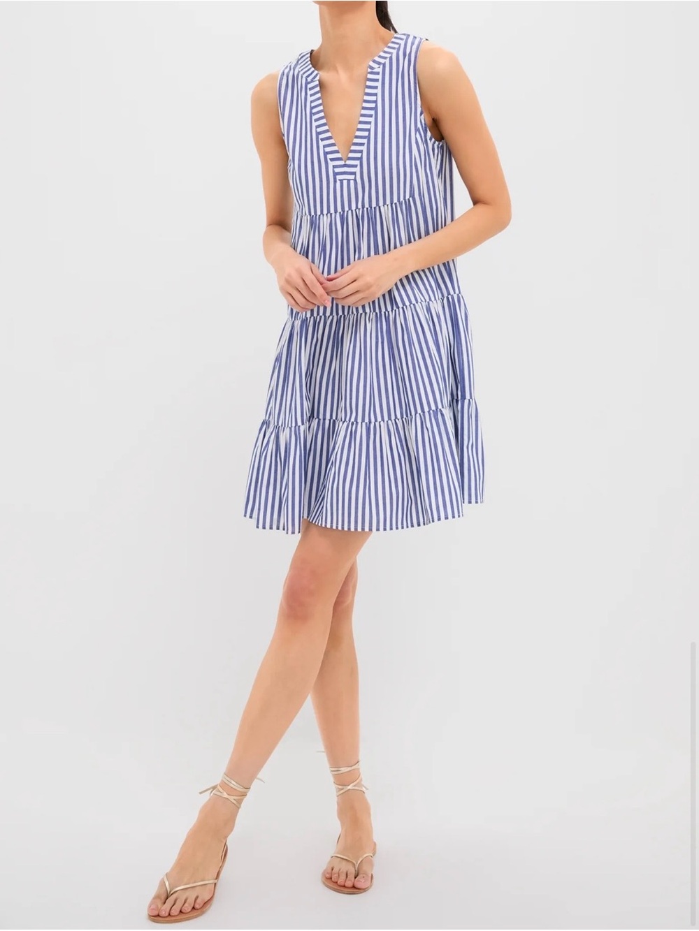 Pomander Place - Navy & White Vertical Stripe Tiered V-Neck Dress - Picture 2 of 7